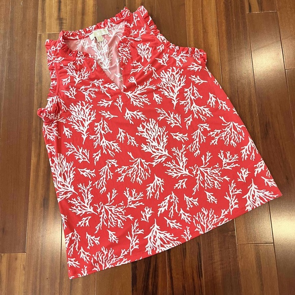 Michael Kors Red White Tank Top Print Sleeveless Blouse Ruffle Size Large - Picture 1 of 6